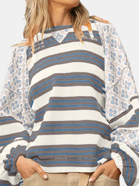 Flower & Striped Print Round Neck Sweatshirt