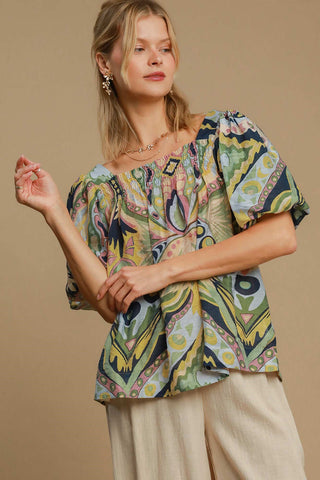 Umgee Full Size Abstract Print Smocked Square Neck Puff Sleeve Blouse - 1985 the VAULT Boutique