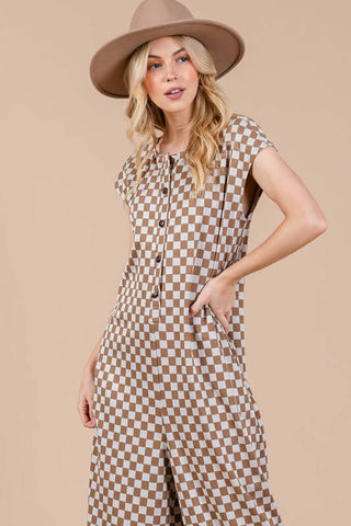 Ces Femme Checkered Half Button Cap Sleeve Jumpsuit - 1985 the VAULT Boutique