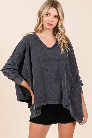 Mittoshop Mineral Wash V-Neck Long Sleeve Oversized Top - 1985 the VAULT Boutique