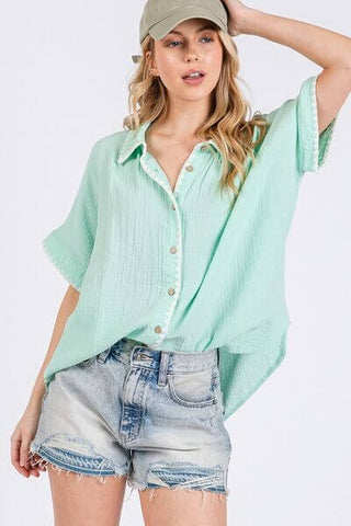 SAGE+FIG Boho Contrast Zigzag Trim Gauze Button-Up Shirt - 1985 the VAULT Boutique