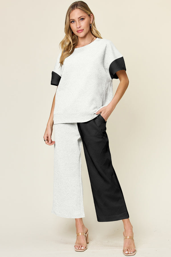 Double Take Full Size Texture Contrast T-Shirt and Wide Leg Pants Set - 1985 THE VAULT