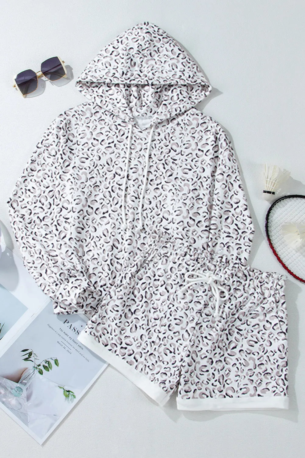 Drawstring Leopard Long Sleeve Hooded Top and Shorts Set - 1985 the VAULT Boutique