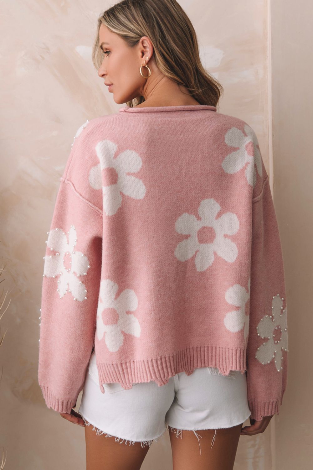 Pearl Trim Flower Round Neck Sweater - 1985 the VAULT Boutique