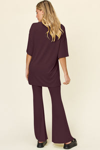 Double Take Full Size Round Neck Drop Shoulder T-Shirt and Flare Pants Set - 1985 the VAULT Boutique