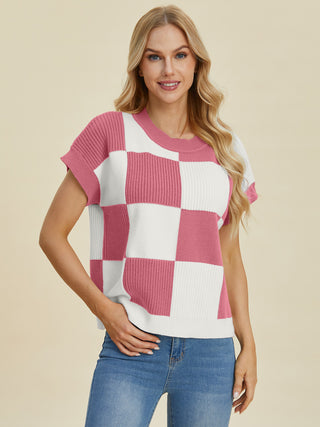 Double Take Full Size Checkered Round Neck Short Sleeve Sweater - 1985 the VAULT Boutique