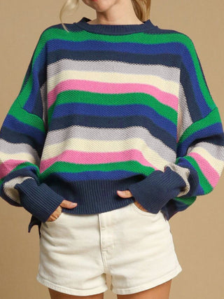 Contrast Striped Round Neck Long Sleeve Sweater - 1985 the VAULT Boutique