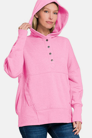 Zenana Half Snap Long Sleeve Hoodie with Kangaroo Pocket - 1985 the VAULT Boutique