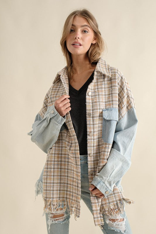 TWEED MIXED DENIM JACKET SHACKET WITH FRINGED HEM - 1985 the VAULT Boutique