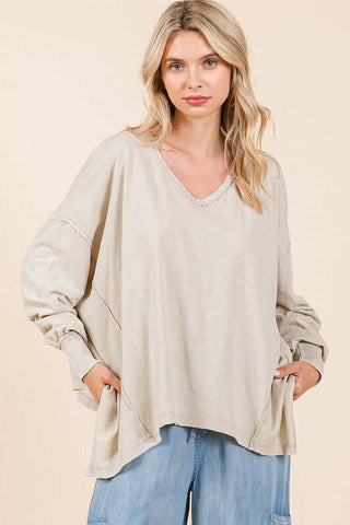 Mittoshop Mineral Wash V-Neck Long Sleeve Oversized Top - 1985 the VAULT Boutique