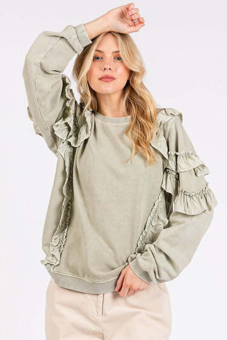 Mittoshop Ruffled Mineral Washed Round Neck Long Sleeve Sweatshirt - 1985 the VAULT Boutique