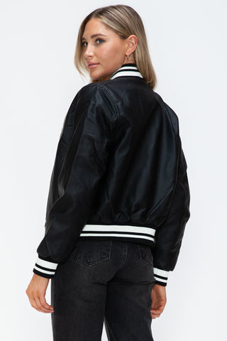 Love Me Now PU Leather Contrast Snap Down Bomber Jacket - 1985 the VAULT Boutique