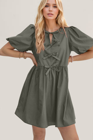 Oh Bow Ruched Puff Sleeve Mini Dress - 1985 the VAULT Boutique