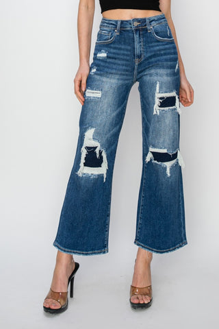 Risen Full Size High Rise Patch Detailed Wide Leg Crop Jeans - 1985 the VAULT Boutique