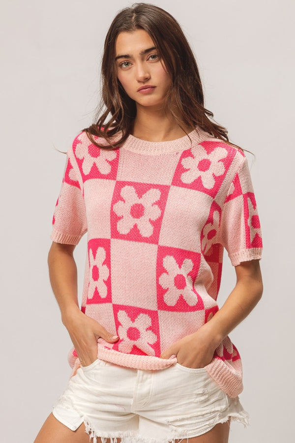 BiBi Flower Checker Pattern Short Sleeve Sweater - 1985 the VAULT Boutique