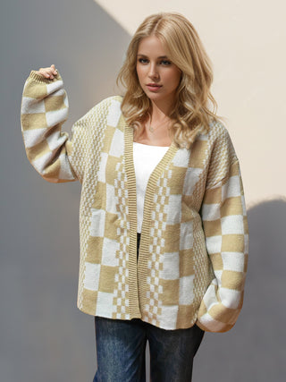 Double Take Checkered Open Front Dropped Shoulder Cardigan - 1985 the VAULT Boutique