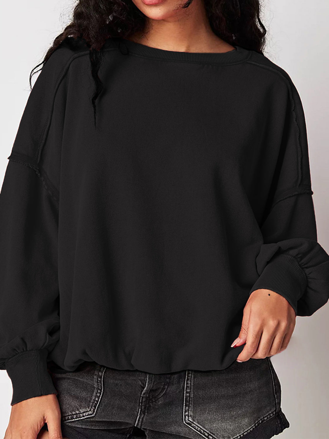 Exposed Seam Round Neck Long Sleeve Sweatshirt - 1985 the VAULT Boutique