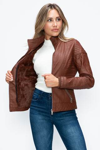 YMI Faux Layered Double-Zipper Jacket with Fuzzy Hood - 1985 the VAULT Boutique