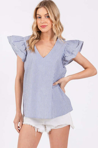 Ces Femme Striped V-Neck Ruffled Cap Sleeve Blouse - 1985 the VAULT Boutique