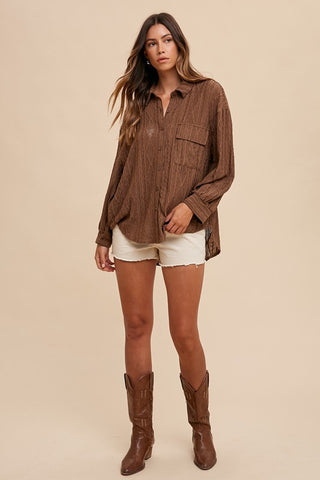 Annie Wear Openwork Button Down Drop Shoulder Shirt - 1985 the VAULT Boutique