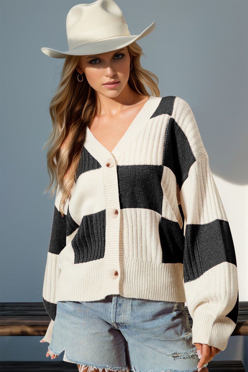 Double Take Full Size Checkered Dropped Shoulder Cardigan - 1985 the VAULT Boutique