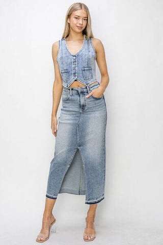 RISEN Button Down Crop Denim Vest - 1985 the VAULT Boutique