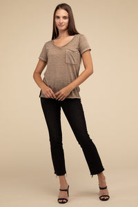 Basic Washed Melange Burnout Scoop V-Neck Top - 1985 the VAULT Boutique