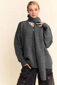 Davi & Dani V-Neck Dropped Shoulder Sweater with Scarf Set - 1985 the VAULT Boutique