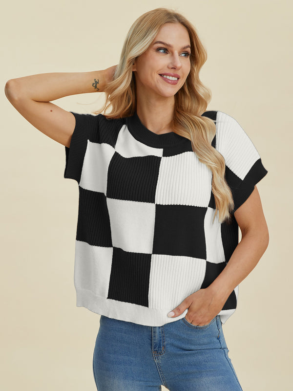 Double Take Full Size Checkered Round Neck Short Sleeve Sweater - 1985 the VAULT Boutique