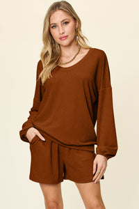 Double Take Full Size Texture V-Neck Long Sleeve T-Shirt and Shorts Set - 1985 the VAULT Boutique