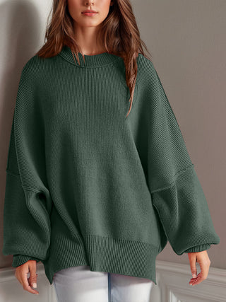 Double Take Side Slit Round Neck Long Sleeve Sweater - 1985 the VAULT Boutique