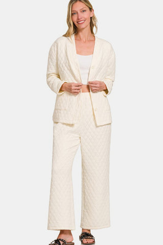 Zenana Quilted Button Up Long Sleeve Top and Pants Lounge Set - 1985 the VAULT Boutique