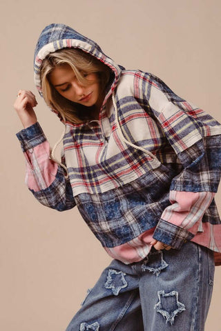 BiBi Drawstring Plaid Drop Shoulder Hoodie - 1985 the VAULT Boutique