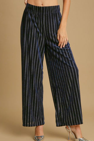 Umgee Full Size Elastic Waist Striped Wide Leg Velvet Pants - 1985 the VAULT Boutique