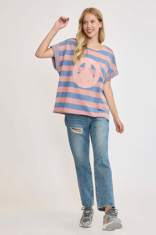 Umgee Peace Sign Patch Striped French Terry T-Shirt - 1985 the VAULT Boutique