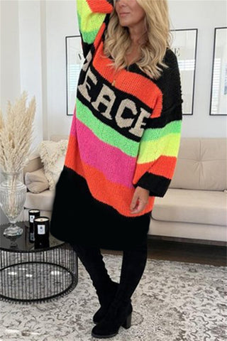 Color Block V-Neck Long Sleeve Sweater Dress - 1985 the VAULT Boutique