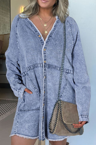 Raw Hem Button Down Long Sleeve Denim Dress - 1985 the VAULT Boutique