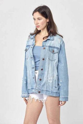 RISEN Full Size Distressed Long Sleeve Denim Jacket Plus Size - 1985 the VAULT Boutique