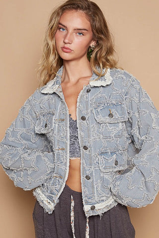 POL Star Textured Raw Hem Long Sleeve Denim Jacket - 1985 the VAULT Boutique