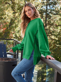 Slit Round Neck Long Sleeve Sweatshirt - 1985 the VAULT Boutique