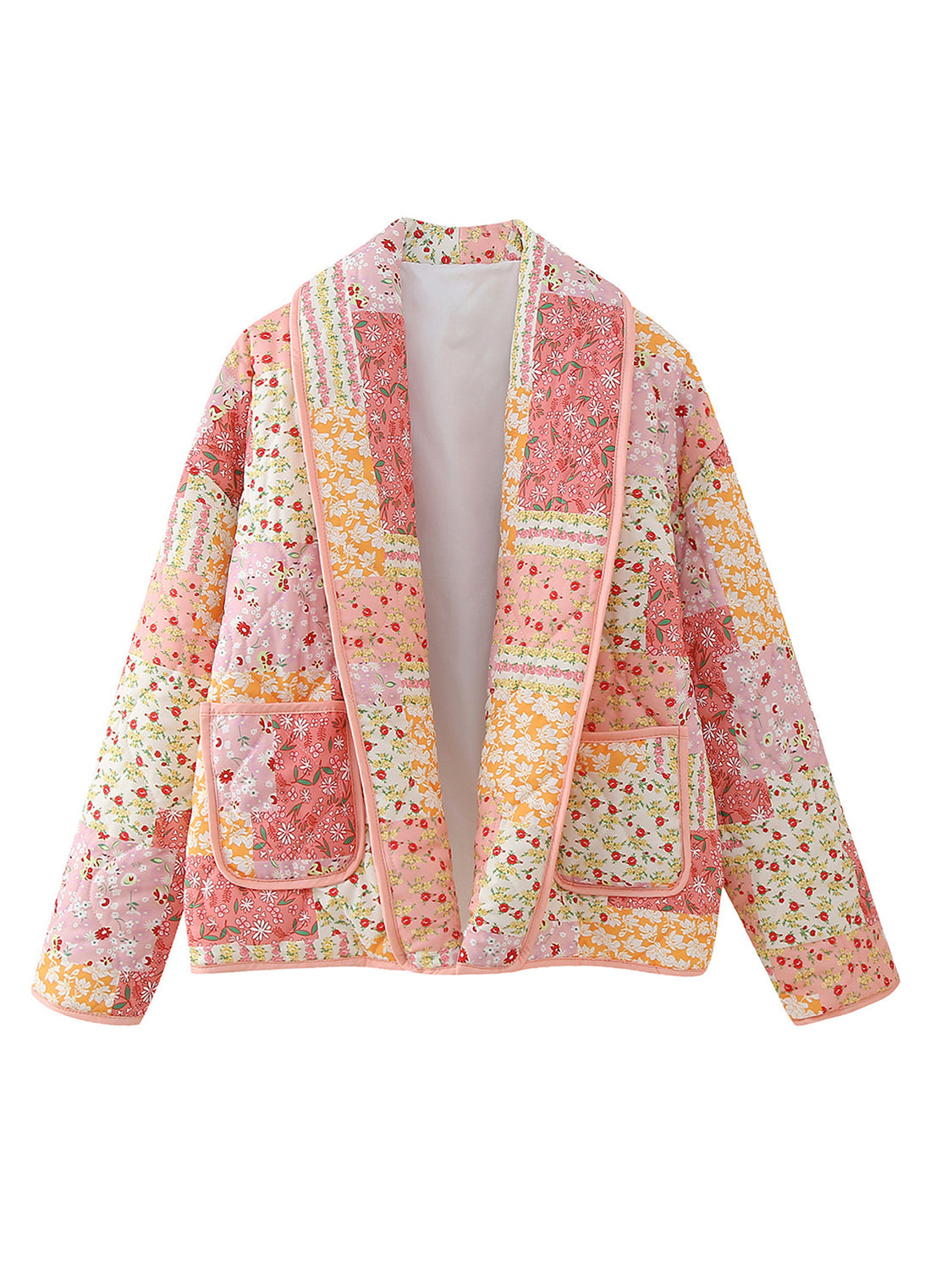 Printed Patchwork Open Front Cardigan with Pockets - 1985 the VAULT Boutique