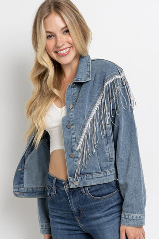 CROP DENIM JACKET WITH RHINESTONE FRINGE - 1985 the VAULT Boutique