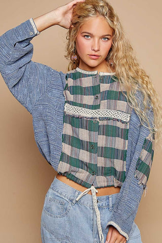 POL Round Neck Long Sleeve Plaid Shirt - 1985 the VAULT Boutique