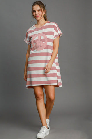 Umgee Peace Applique Striped Short Sleeve Mini Dress - 1985 the VAULT Boutique