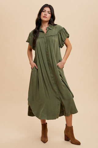 Annie Wear Mineral Washed Button Down Puff Sleeve Shirt Dress - 1985 the VAULT Boutique