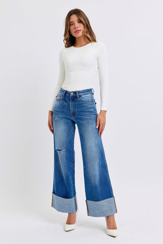 Judy Blue Full Size Distressed High Waist Wide Leg Jeans - 1985 the VAULT Boutique