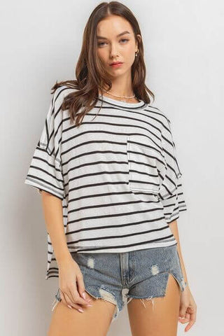 Ces Femme Side Slit Striped Round Neck Half Sleeve T-Shirt - 1985 the VAULT Boutique