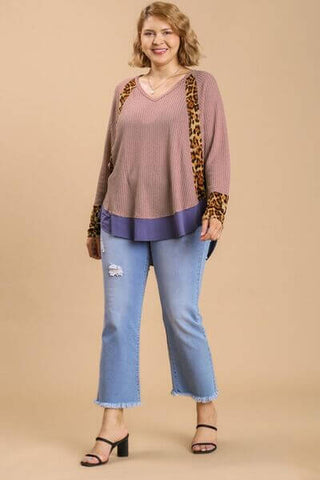 Umgee Full Size Leopard High-Low Dolman Sleeve Waffle Knit Top Plus Size - 1985 the VAULT Boutique