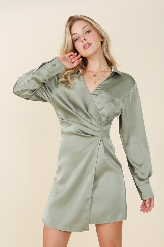 Satin Collared Wrap Mini Dress - 1985 the VAULT Boutique