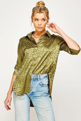 SATIN LEOPARD PRINT BUTTON DOWN TOP - 1985 the VAULT Boutique